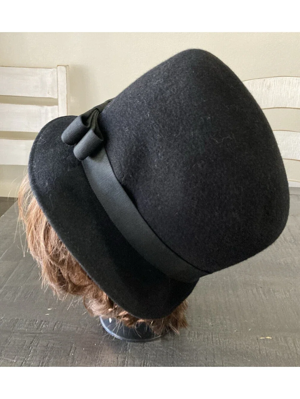 Vintage Womens Black Wool Bowler Derby Hat Bow Union Made Large Mid Century Neco